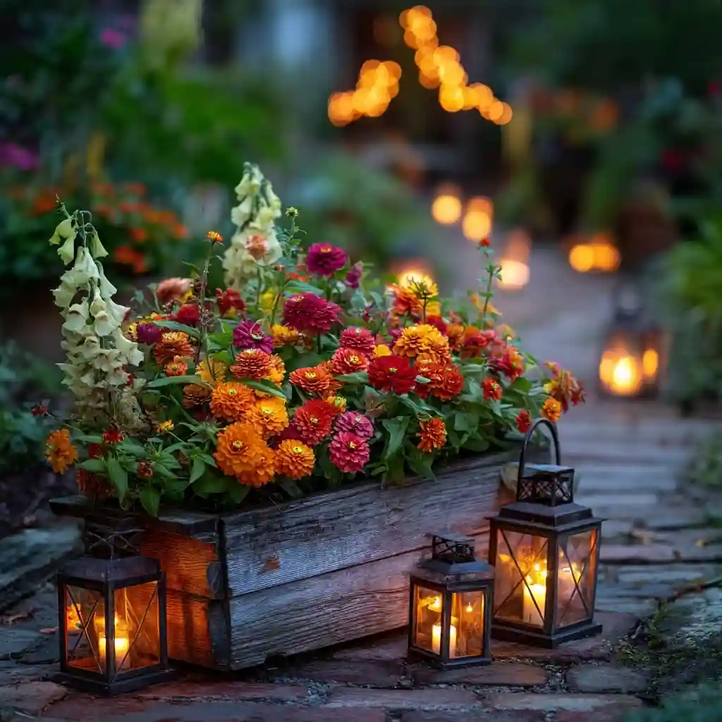  Rustic Planter Box with Lantern Glow