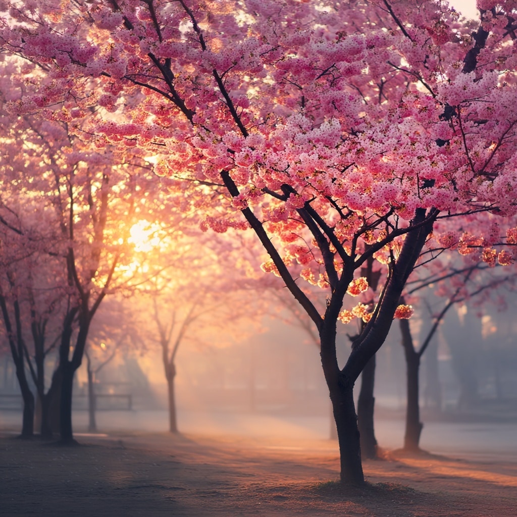 Dawn’s Soft Light Over Blossoms