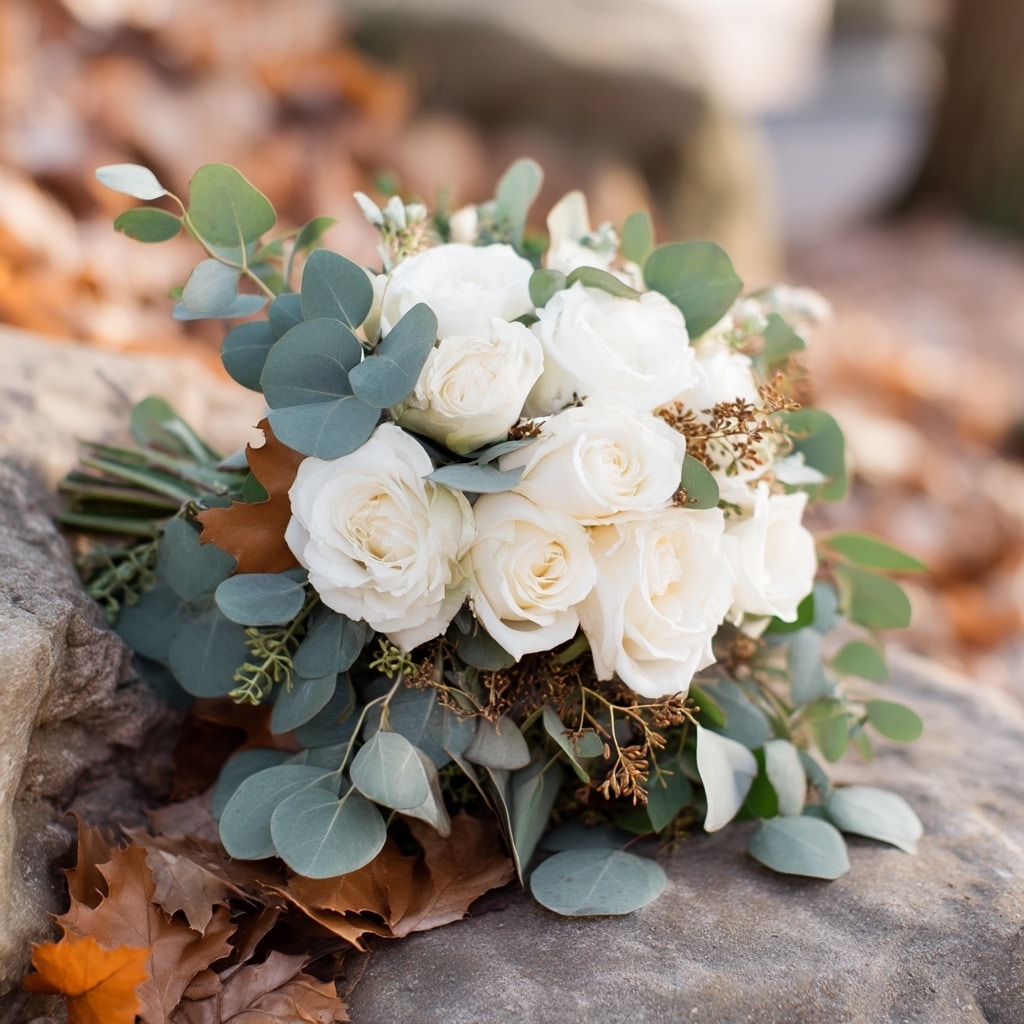 White Roses with Autumn Foliage