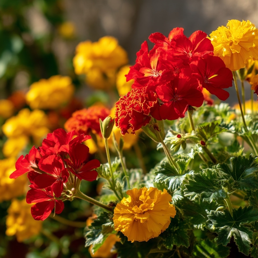 30 Flower Color Combinations for Pots That Always Work 2 Bold red geraniums and sunny yellow marigolds
