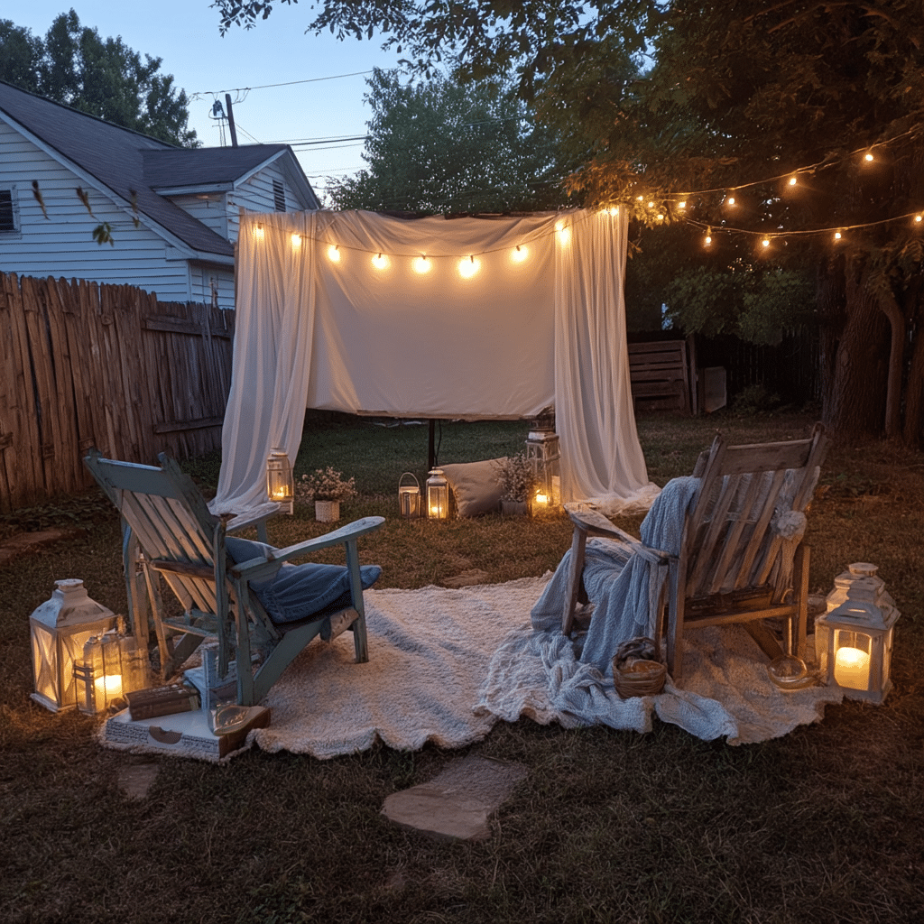 Outdoor Movie Setup with Vintage Chairs