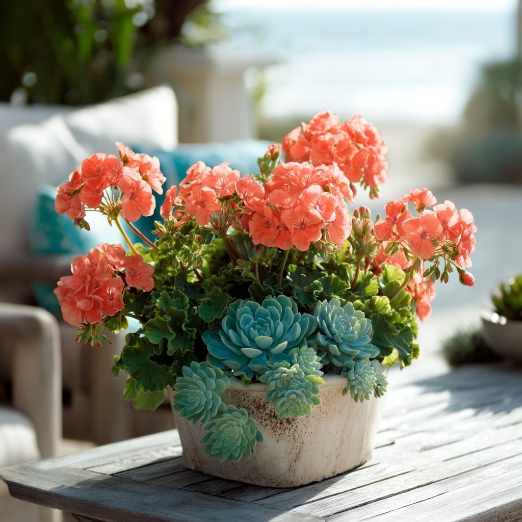 30 Flower Color Combinations for Pots That Always Work 16 Coral geraniums with teal succulents