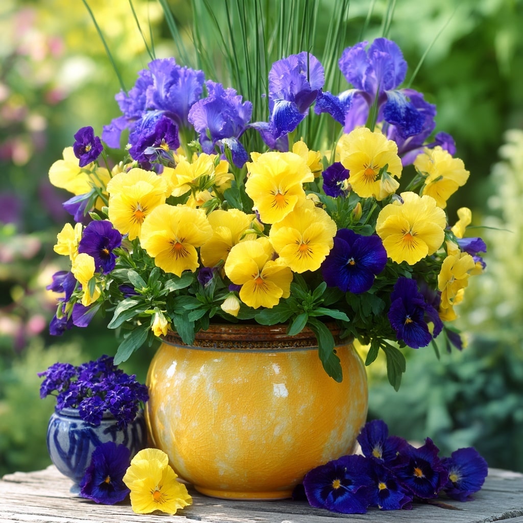 30 Flower Color Combinations for Pots That Always Work 18 Lemon yellow pansies and deep violet