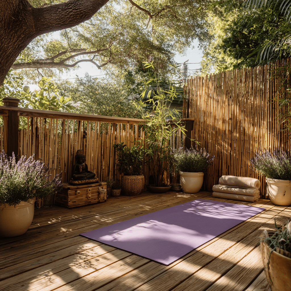 Bamboo Yoga Deck with Lavender Pots