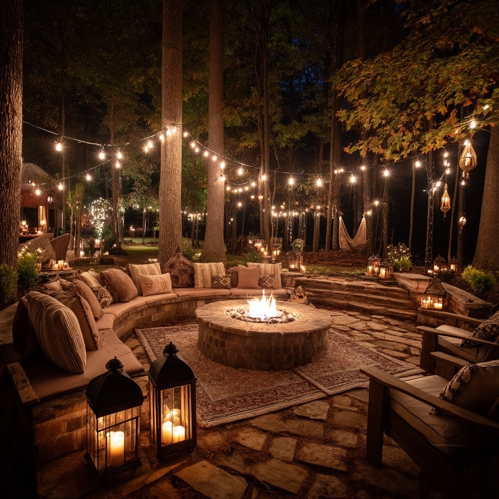 Magical Backyard Retreat With String Lights and Fire Pit