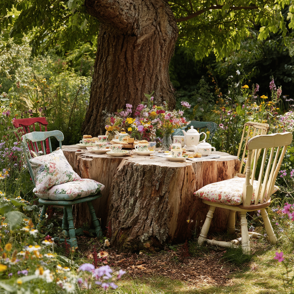  Tree Stump Table with Mismatched Chairs