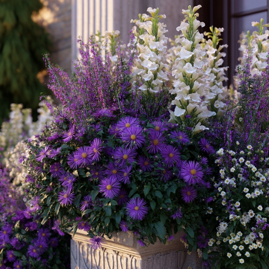 30 Flower Color Combinations for Pots That Always Work 22 Purple asters and white snapdragons