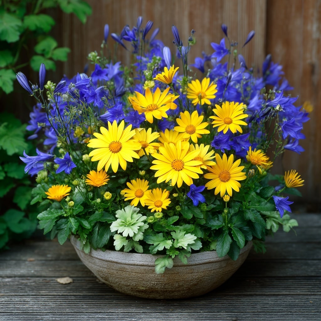 30 Flower Color Combinations for Pots That Always Work 23 Bright yellow daisies and blue bellflowers