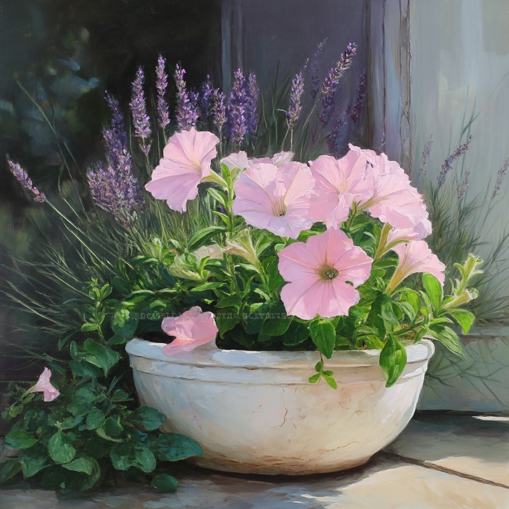 30 Flower Color Combinations for Pots That Always Work 4 Soft pink petunias with lavender in a white