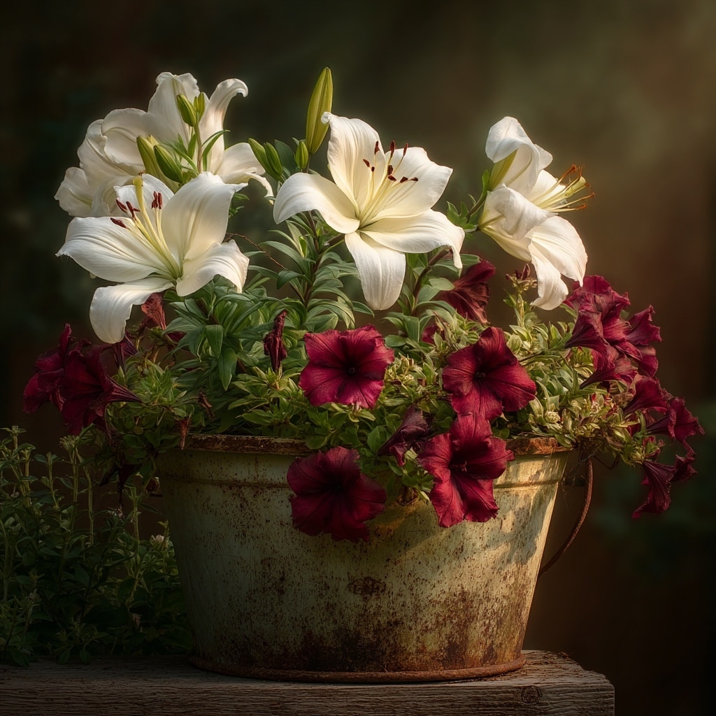 30 Flower Color Combinations for Pots That Always Work 24 White lilies and burgundy petunias