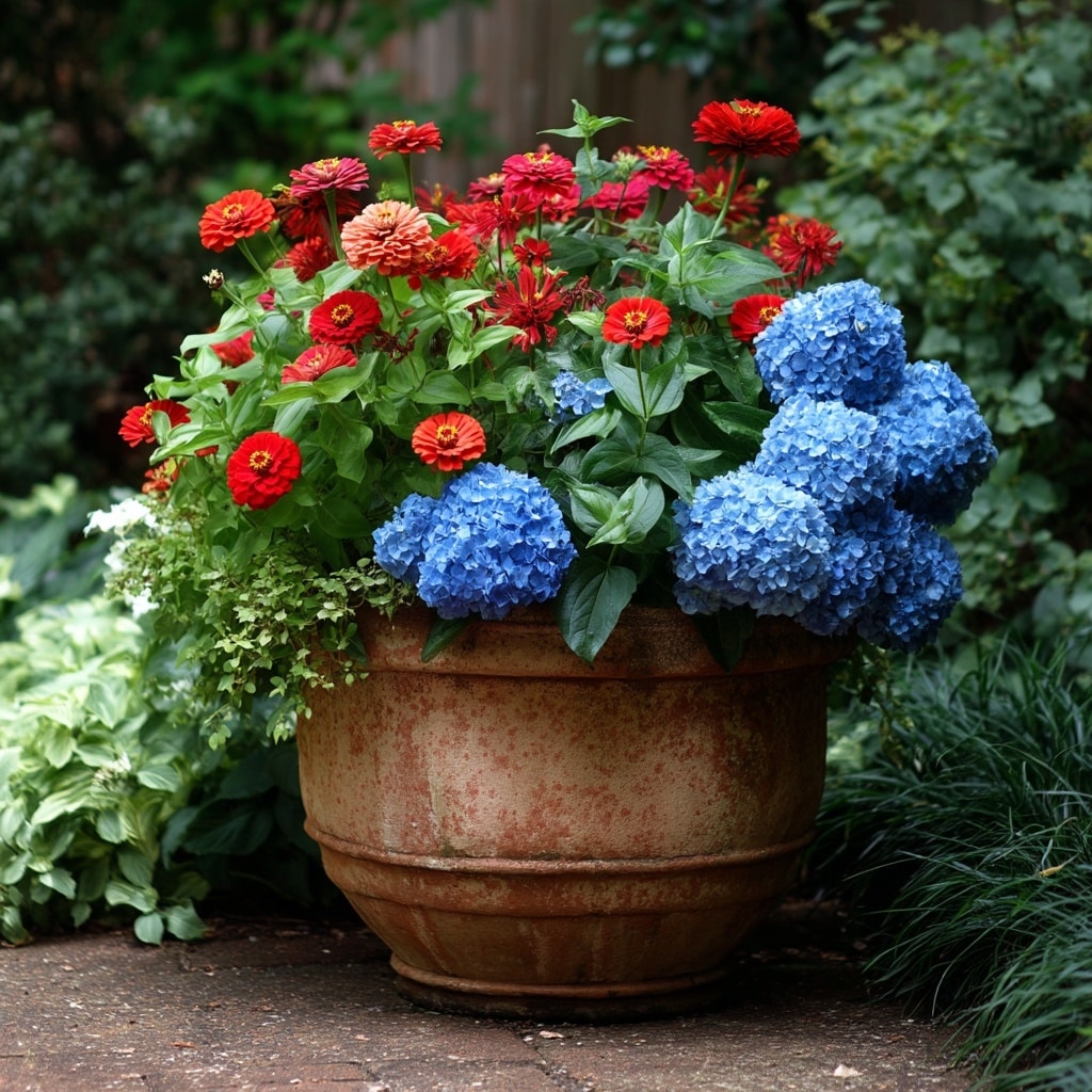 30 Flower Color Combinations for Pots That Always Work 25 .Red zinnias and blue hydrangeas