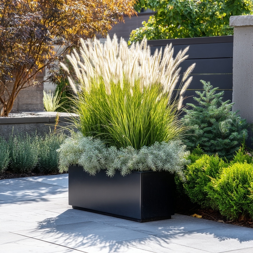 30 Flower Color Combinations for Pots That Always Work 27 Gray ornamental grass and evergreen