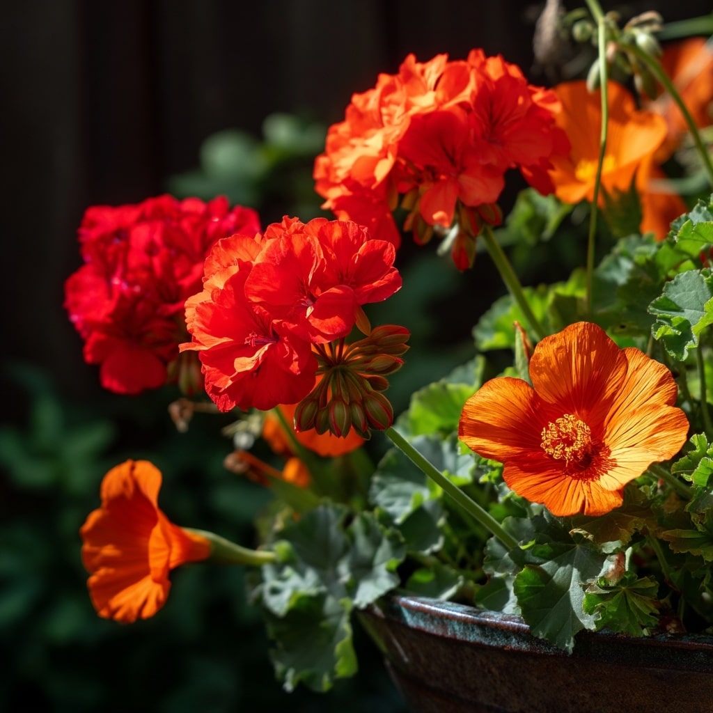 30 Flower Color Combinations for Pots That Always Work 28 Red geraniums and bright orange
