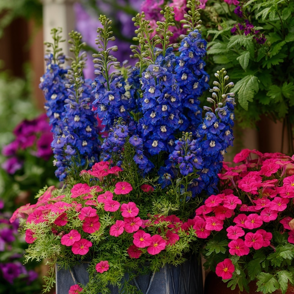 30 Flower Color Combinations for Pots That Always Work 32 Blue delphiniums and bright pink