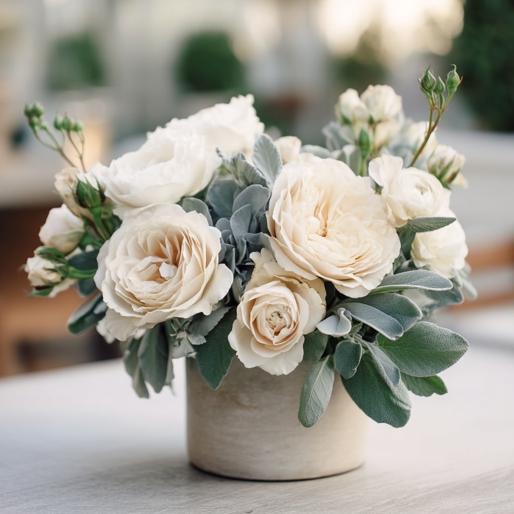 30 Flower Color Combinations for Pots That Always Work 33 Ivory roses and sage leaves