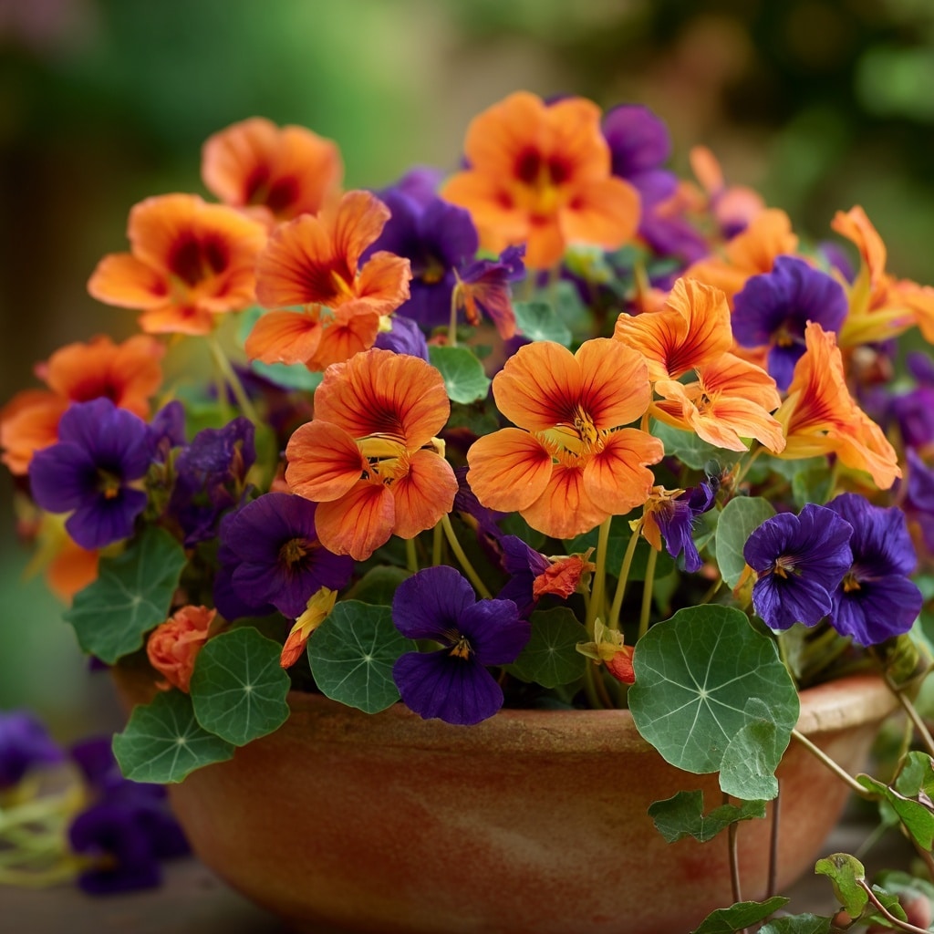 30 Flower Color Combinations for Pots That Always Work 6 Vibrant orange nasturtiums and deep purple
