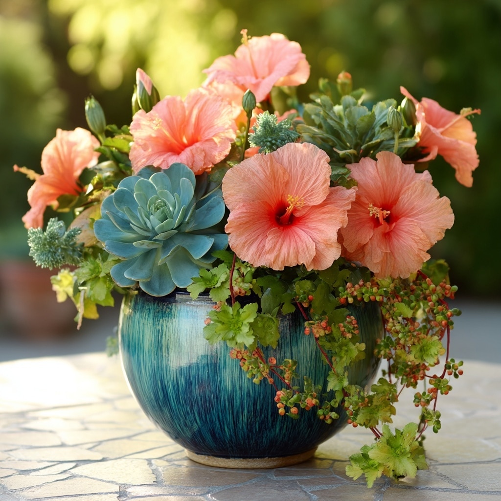 30 Flower Color Combinations for Pots That Always Work 34 Coral-hibiscus-and-teal-succulents.