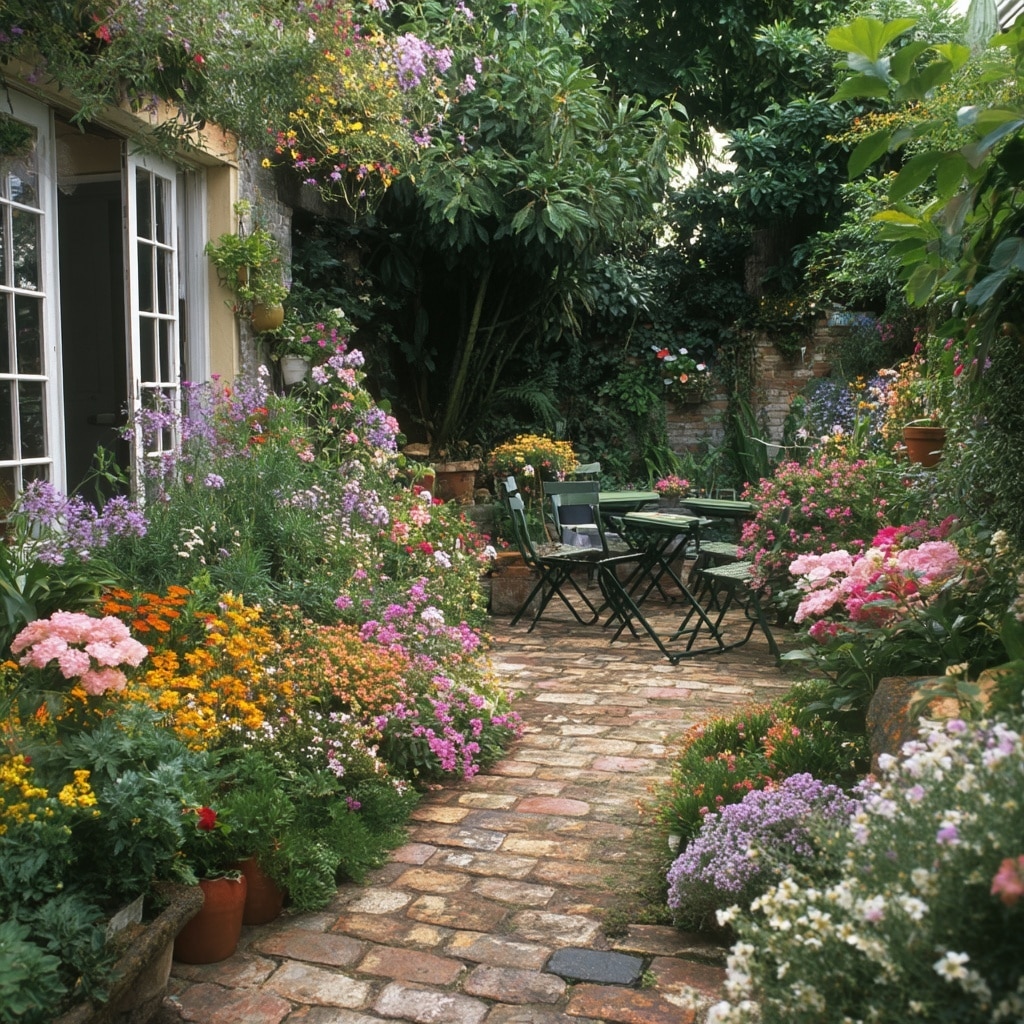 Cottage-Style Patio with Flower Beds