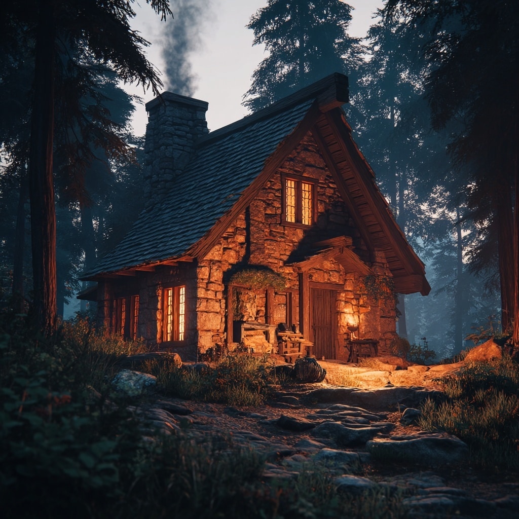. Hearth of the Forest – A Cozy Stone Abode