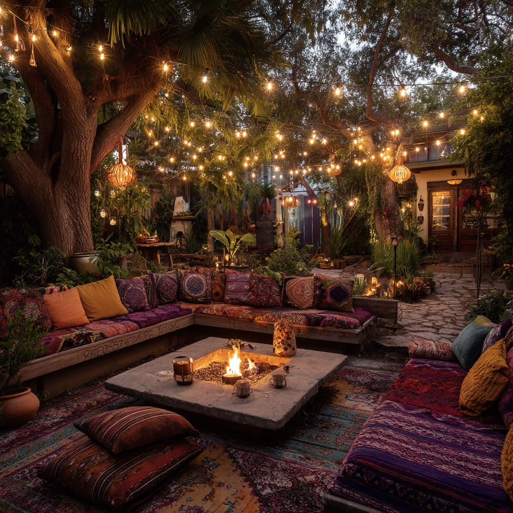 Sunken Fire Pit Lounge with Cushions and Lights