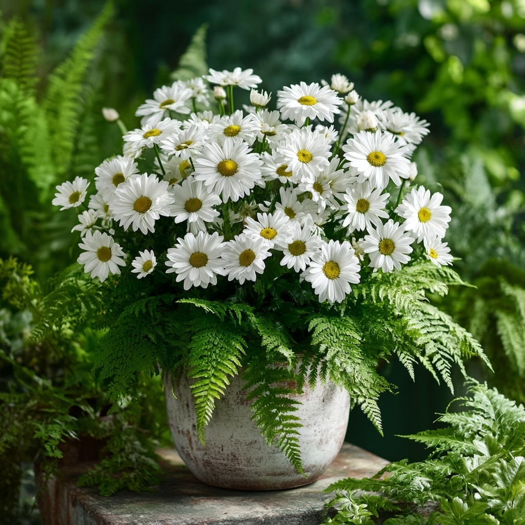 30 Flower Color Combinations for Pots That Always Work 7 White daisies with lush green