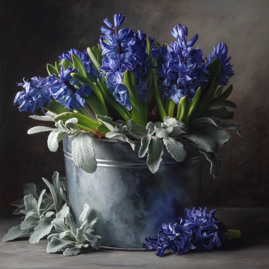 30 Flower Color Combinations for Pots That Always Work 10 Deep blue hyacinths and silver lamb’s ear