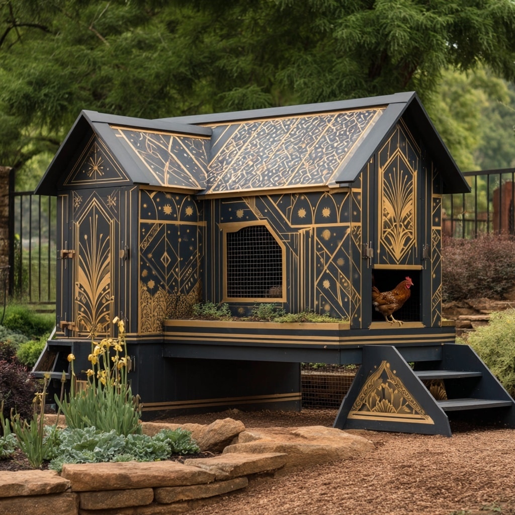 19+ Hilarious Chicken Coop Ideas for Backyard Fun 10 Art Deco Delight