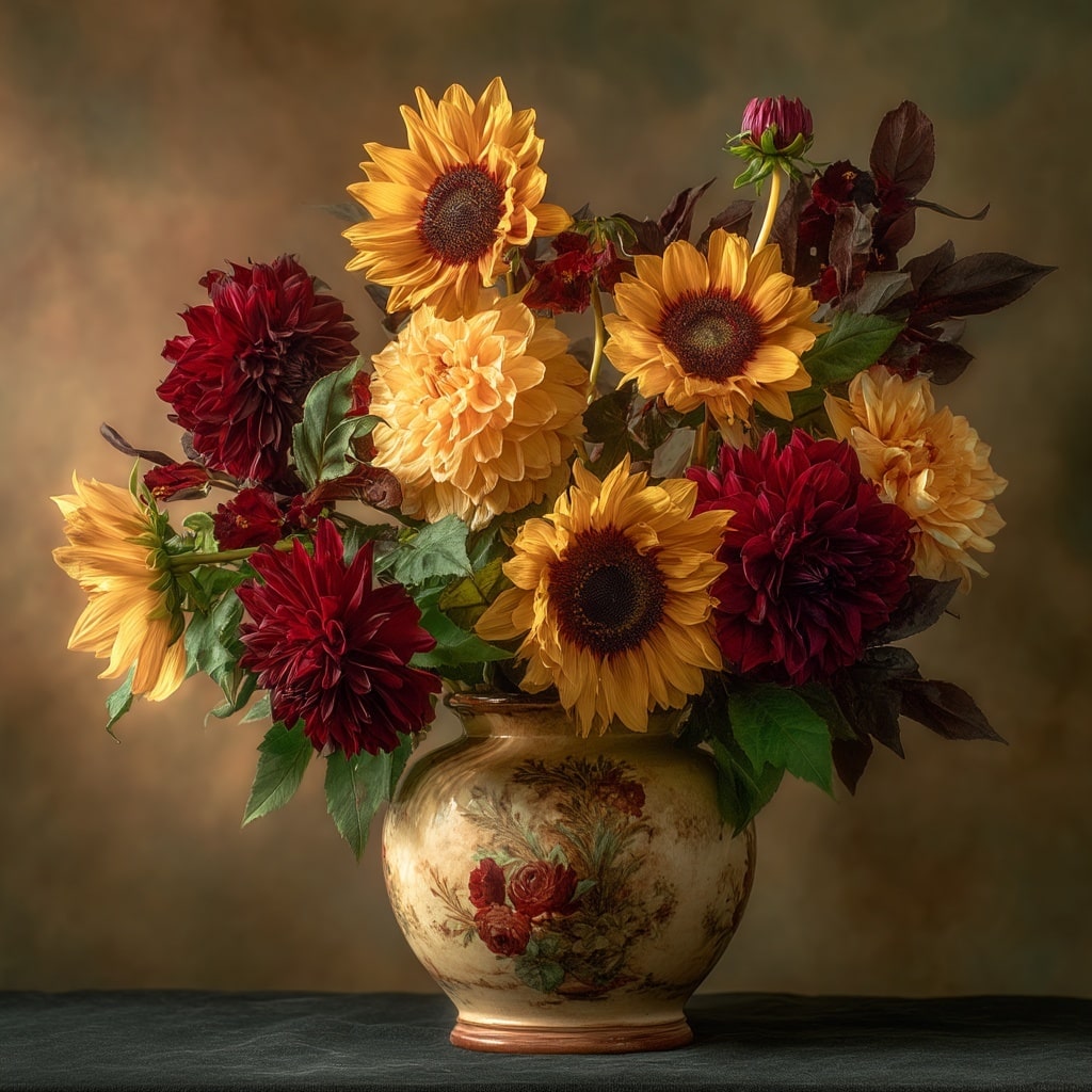 30 Flower Color Combinations for Pots That Always Work 12 Golden sunflowers with deep red dahlias
