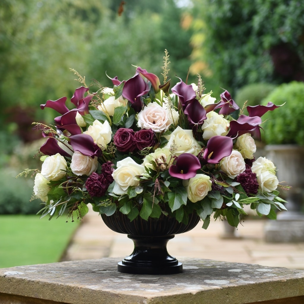 30 Flower Color Combinations for Pots That Always Work 13 .Burgundy calla lilies and cream roses