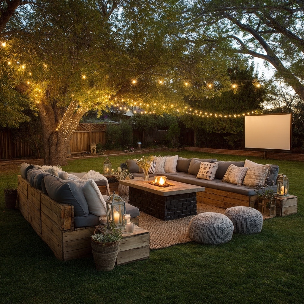 Outdoor Cinema Experience Paired with Cozy Firepit Charm