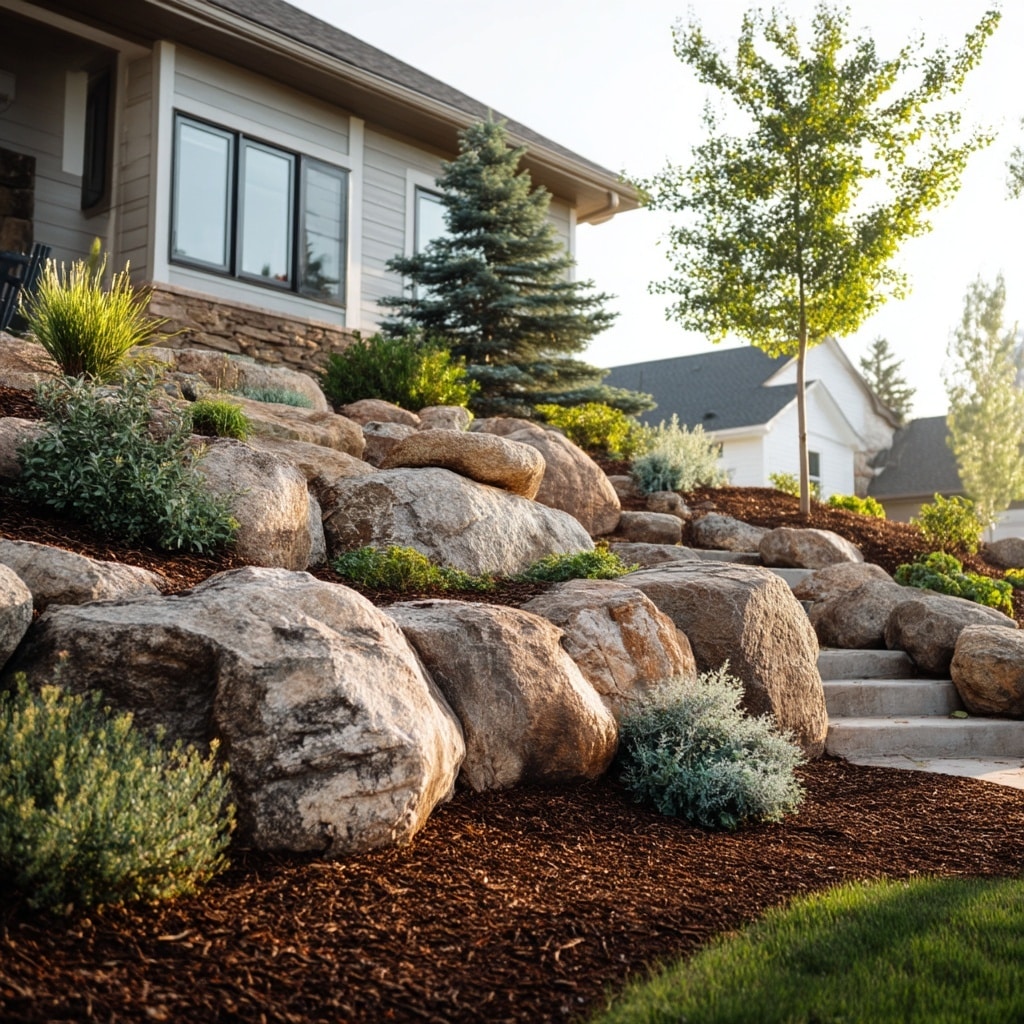 Mulch & Stone Boulder Wall