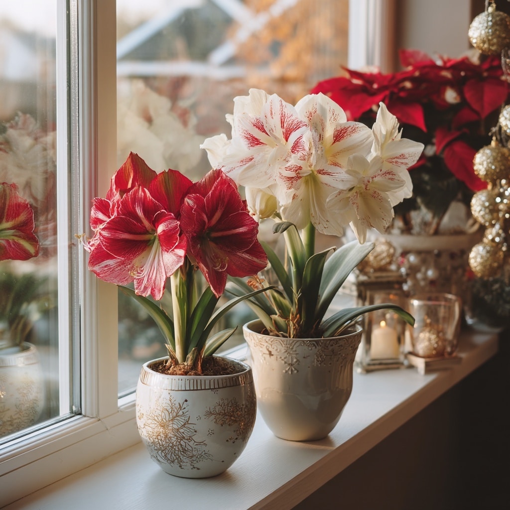 Elegant Winter Flowering Plants Amaryllis and Poinsettia