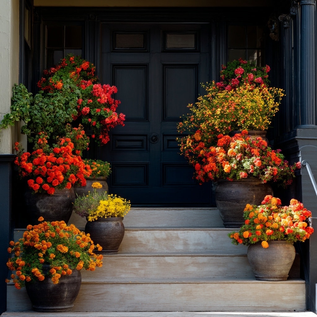 Front Porch Planters: 10 Stylish Ideas for Every Season 2 . Use Contrasting Colors for a Bold First Impression