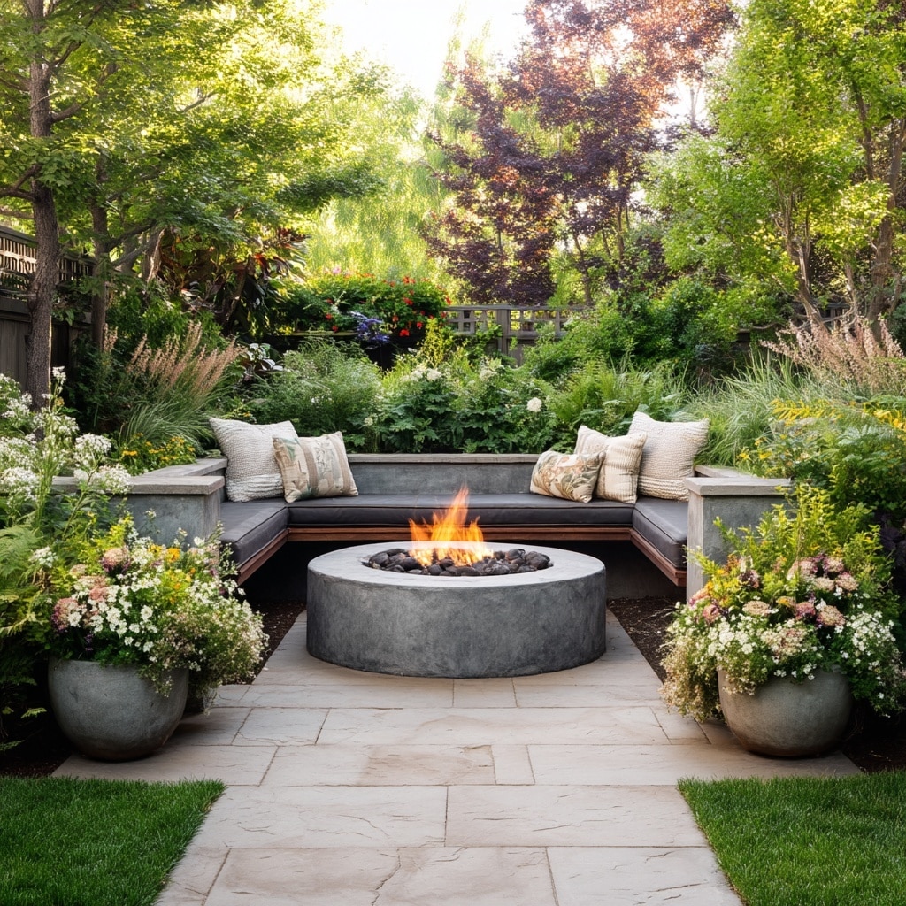 Fire Pit Ideas for a Backyard That Feel Cozy & Stylish 11 . Fire Pit Surrounded by Planters