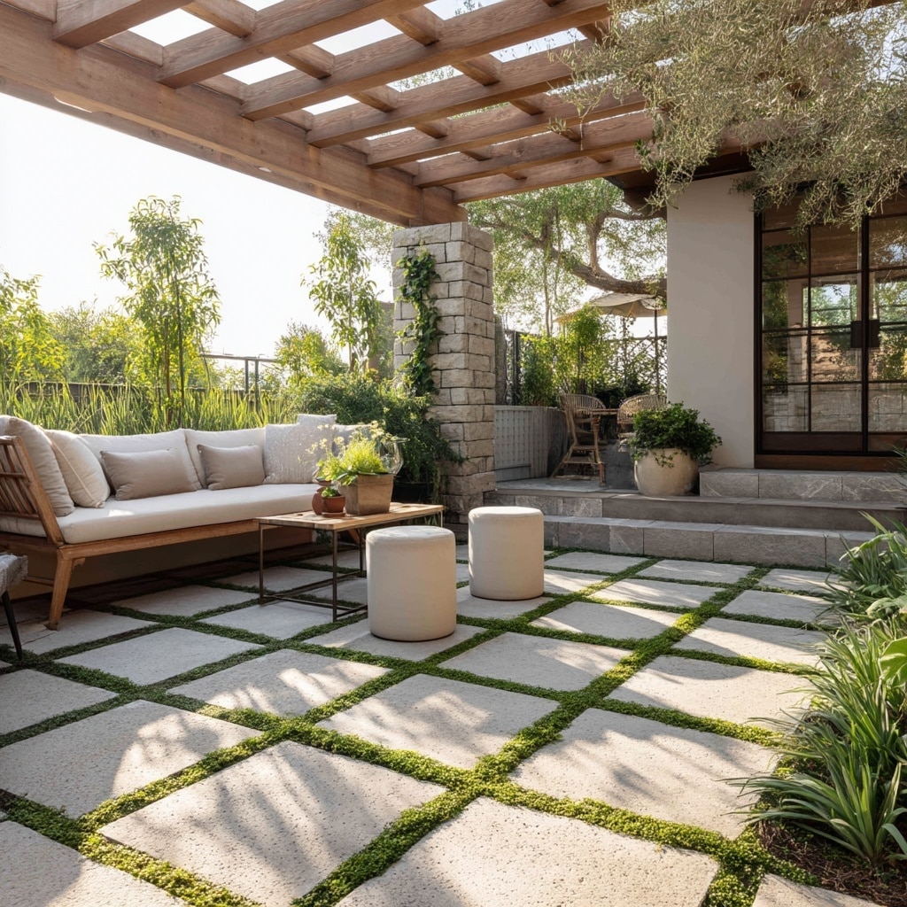 10+ Grassless Backyard Ideas That Save Time & Water 11 Paver Patios with Spaced Green or Stone Inlay