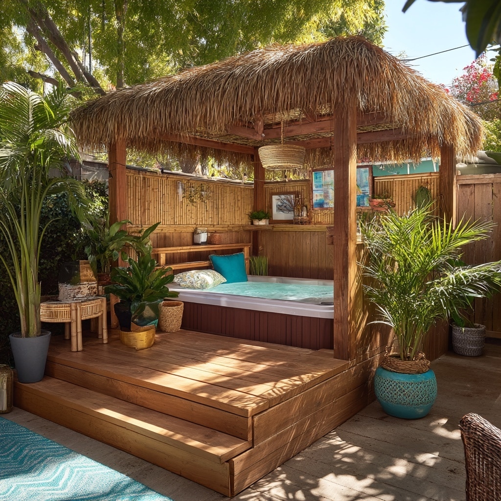 15 Backyard Jacuzzi Ideas for Ultimate Outdoor Relaxation 11 Tiki Bar-Inspired Jacuzzi Setup