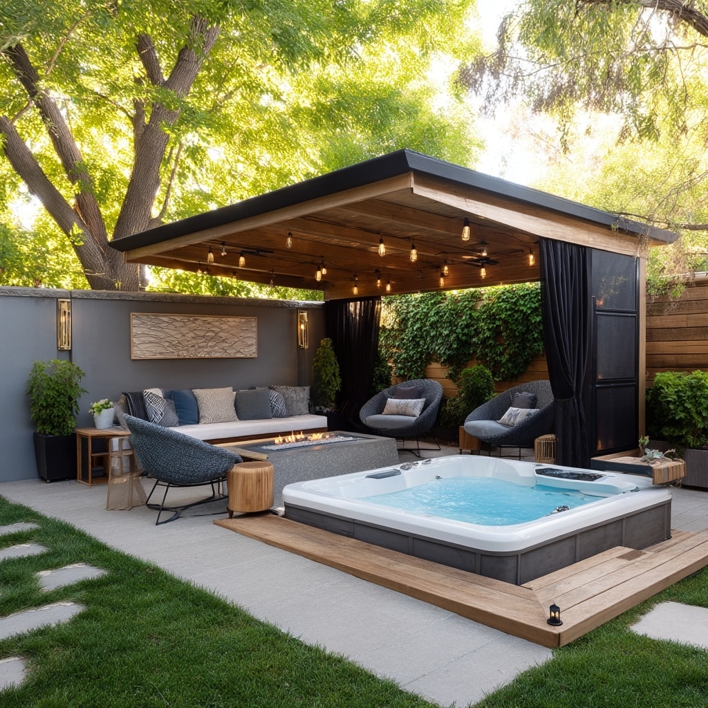 15 Backyard Jacuzzi Ideas for Ultimate Outdoor Relaxation 12 . Privacy-Focused Lounge Setup