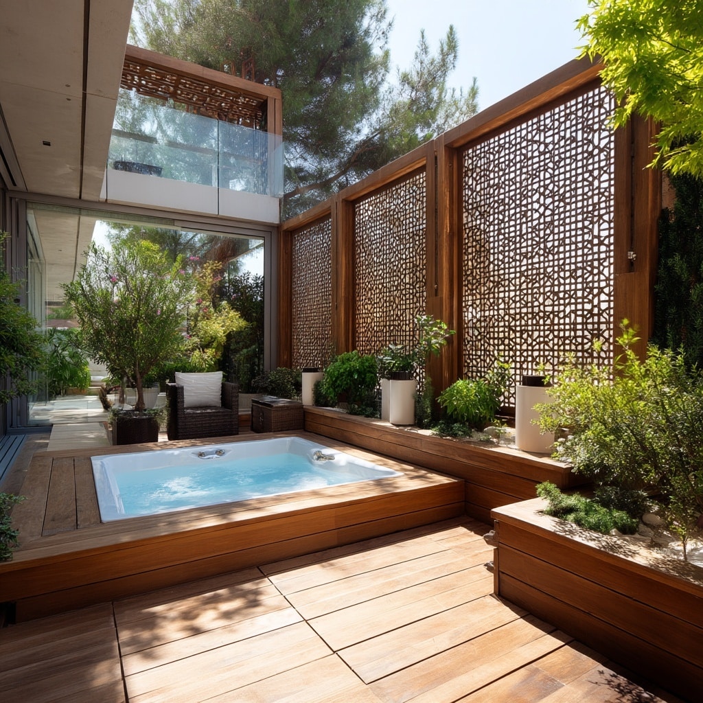 15 Backyard Jacuzzi Ideas for Ultimate Outdoor Relaxation 13 Sectioned-Off Jacuzzi Zone