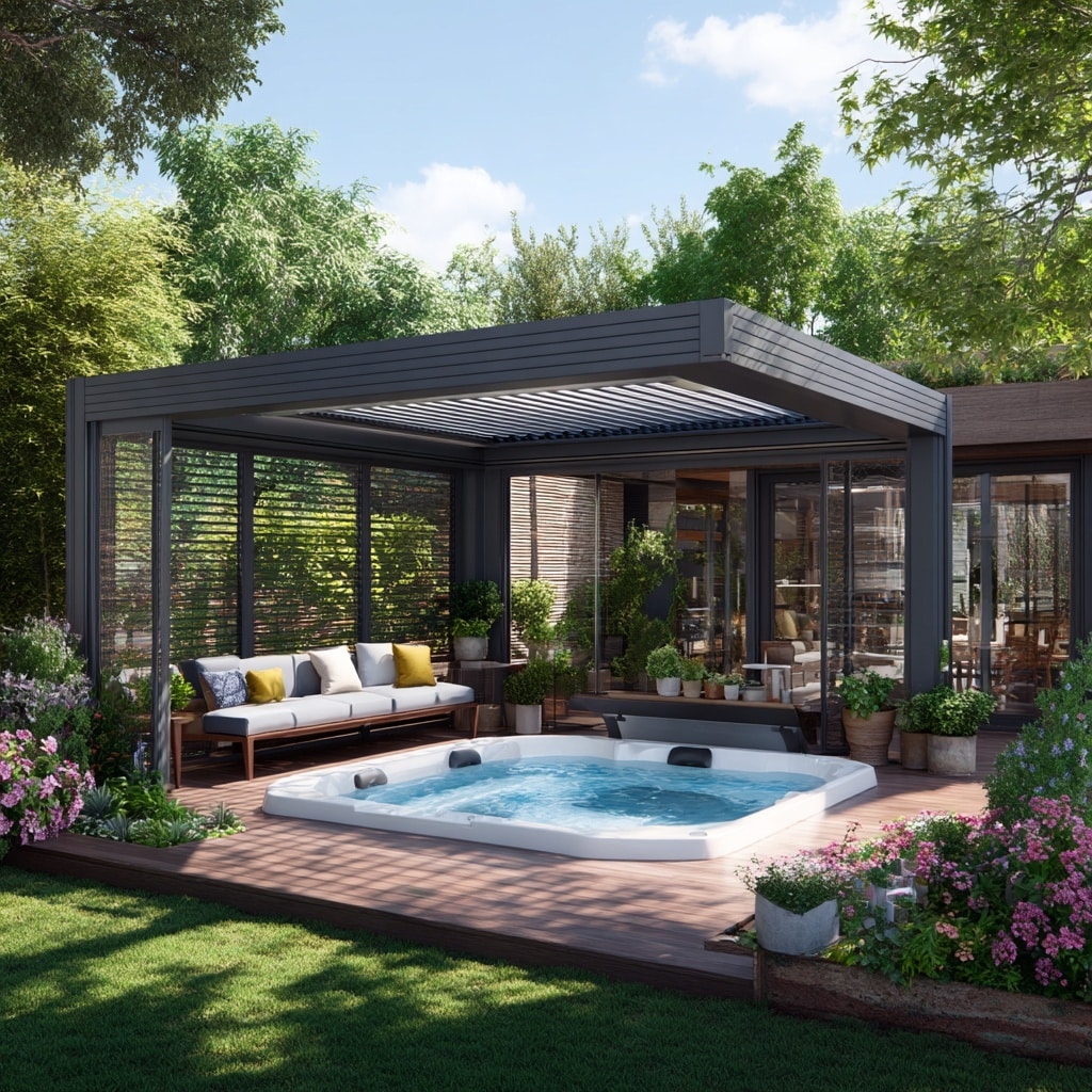 15 Backyard Jacuzzi Ideas for Ultimate Outdoor Relaxation 14 Pergola with Adjustable Louvers