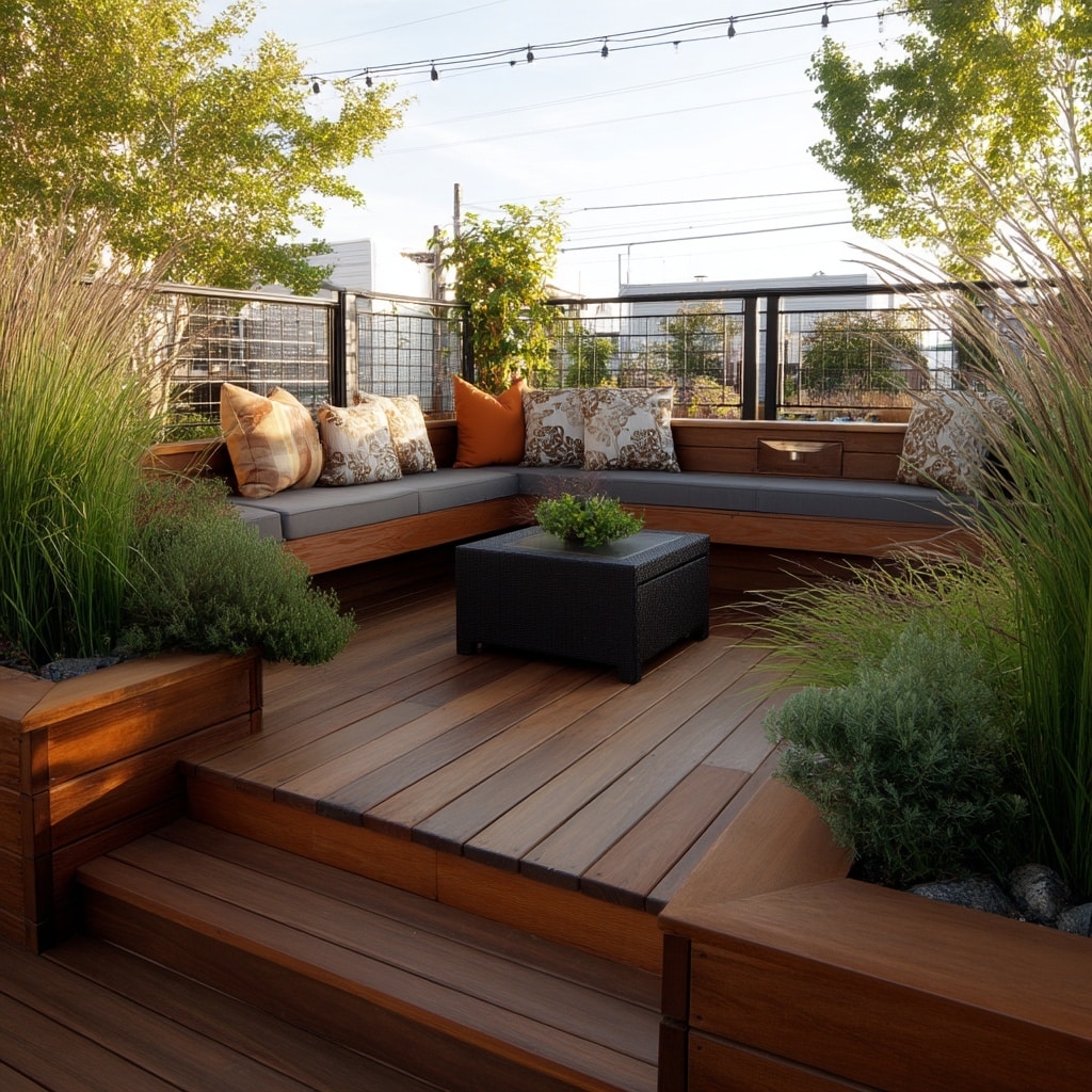 10+ Grassless Backyard Ideas That Save Time & Water 3 Low Decking with Hidden Planters