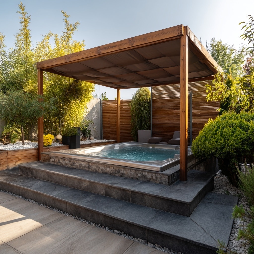 15 Backyard Jacuzzi Ideas for Ultimate Outdoor Relaxation 3 Natural Stone Steps with Wooden Shade