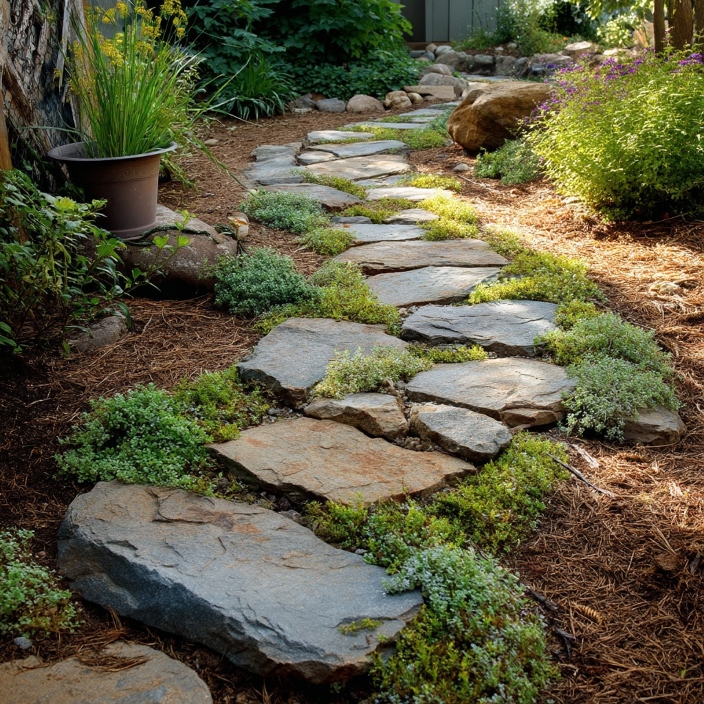 10+ Grassless Backyard Ideas That Save Time & Water 4 Stone Pathways with Ground Cover or Mulch