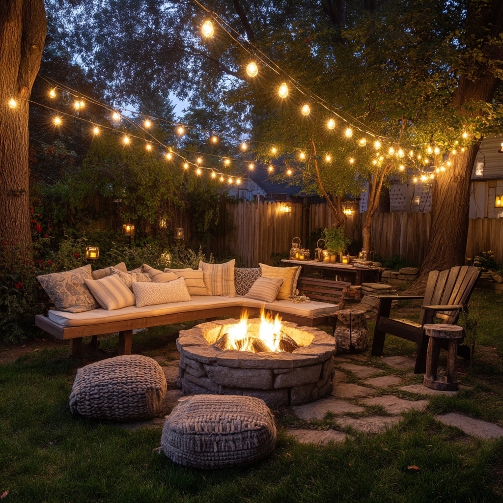 Fire Pit Ideas for a Backyard That Feel Cozy & Stylish 4 String Lights Overhead for Ambience