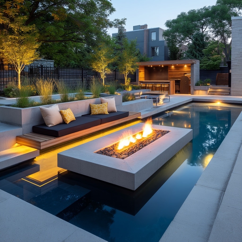Modern Backyard Landscaping Ideas with Pool 5 Adding Warmth with Fire Features