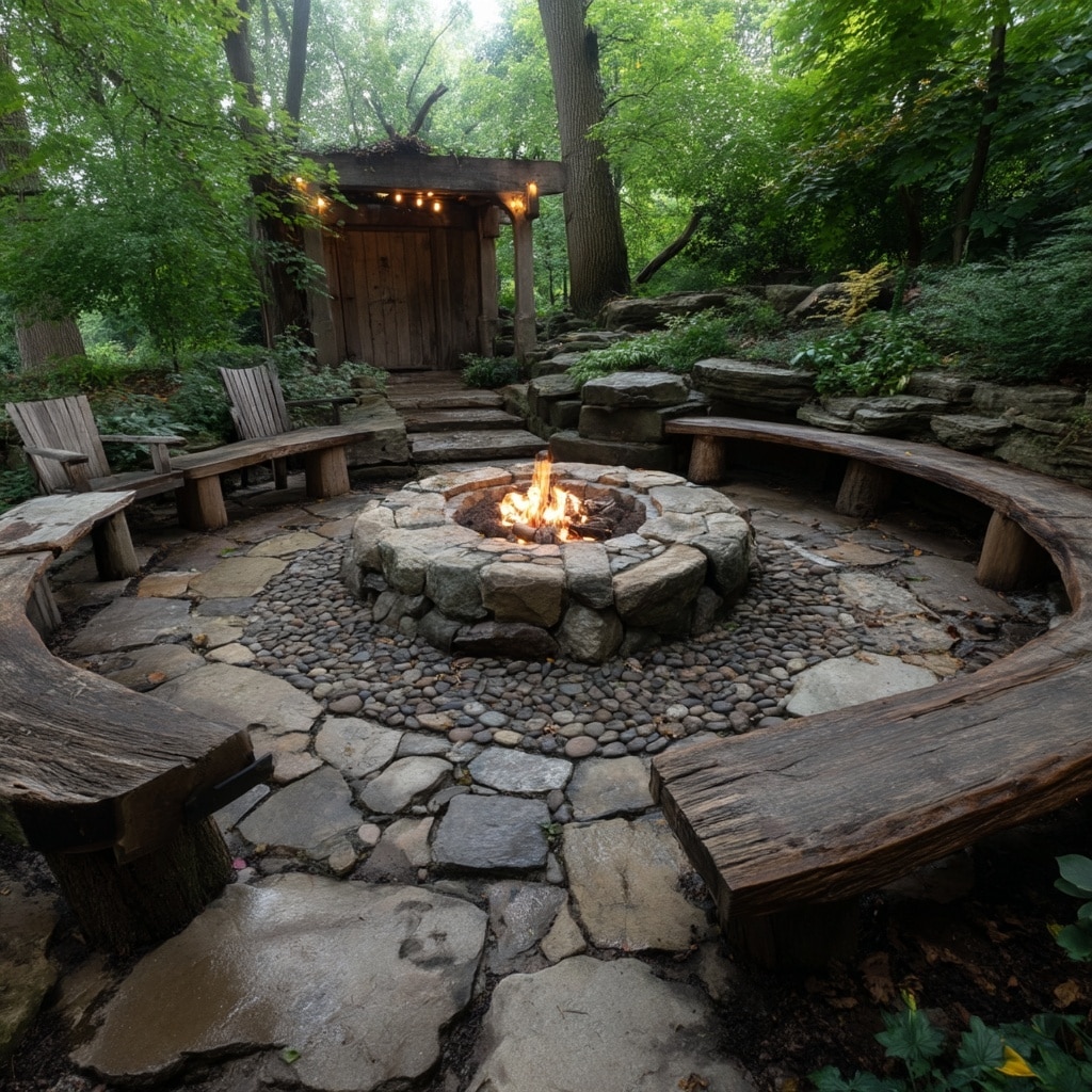 Fire Pit Ideas for a Backyard That Feel Cozy & Stylish 5 Rustic Fire Pit with Wooden Seating