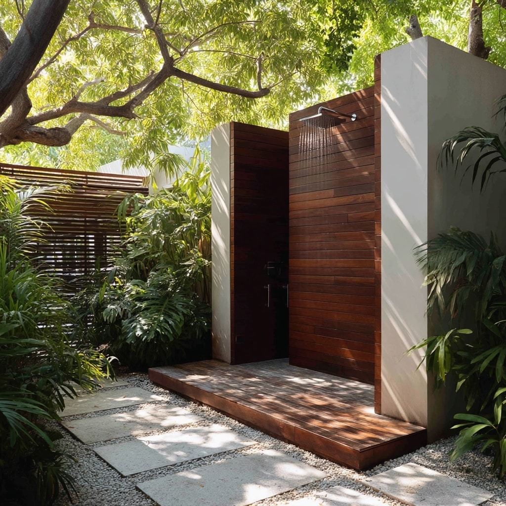 7 Low-Maintenance Backyard Ideas for a Relaxing Space 9  Create a Practical Outdoor Shower Space