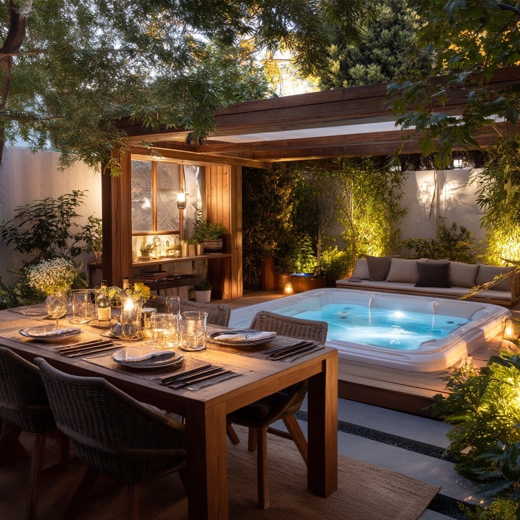 15 Backyard Jacuzzi Ideas for Ultimate Outdoor Relaxation 7 Jacuzzi with Dining Area