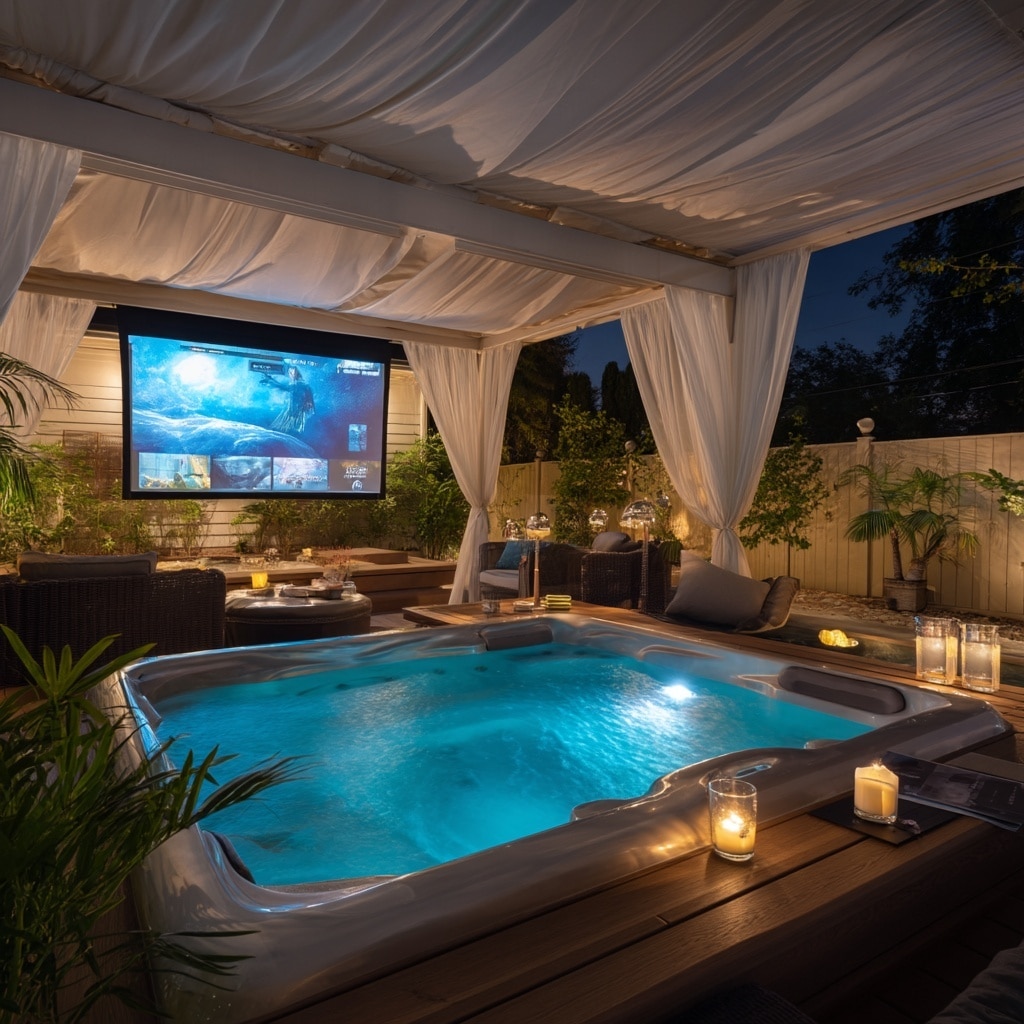 15 Backyard Jacuzzi Ideas for Ultimate Outdoor Relaxation 8 Jacuzzi with Built-In TV or Theater