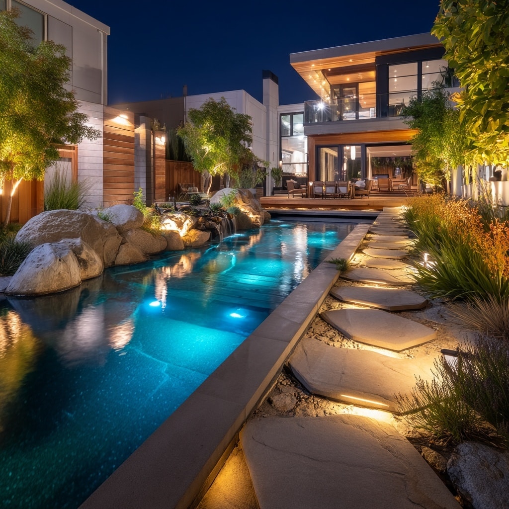 Modern Backyard Landscaping Ideas with Pool 8 Using Lighting to Enhance the Mood