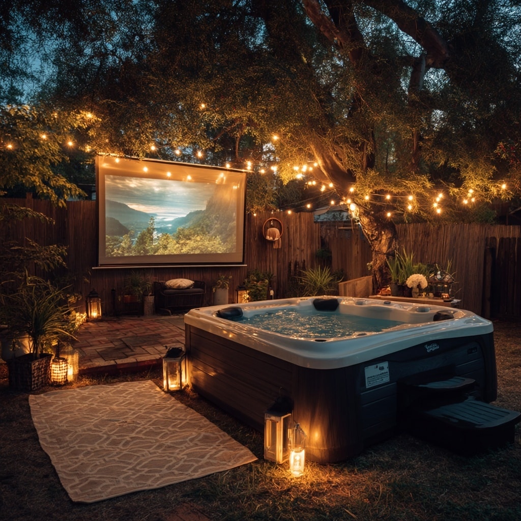 15 Backyard Jacuzzi Ideas for Ultimate Outdoor Relaxation 9 Projector Setup for Open-Air Watching